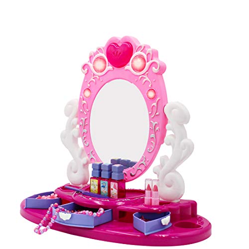 deAO Centro de Belleza Tocador con Espejo y Joyero Conjunto Incluye Accesorios y Maquillaje Artificial Funciones de Luz y Sonidos