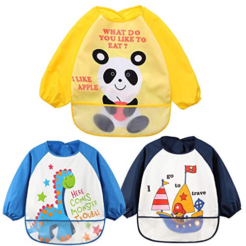 Delantal Infantil Pintura,Zuzer 3PCS Delantal Impermeable para Niños 1-7 Años Babero Manga Larga con Bolsillo Dibujos Animados Blusón