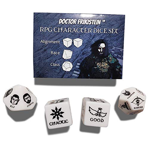 Doctor Frikistein RPG Character Dice Set | 4 Dados de 25mm para creación de Personajes | Compatible con D&D, Pathfinder y Juegos de rol de fantasía.