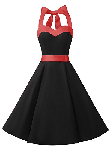 Dresstells® Halter 50s Rockabilly Polka Dots Audrey Dress Retro Cocktail Dress Black XS