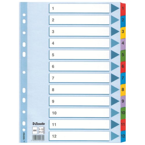 Esselte Índices Numéricos de Cartón Mylar, Tamaño A4, Tipo 1-12, Multicolor, 100162