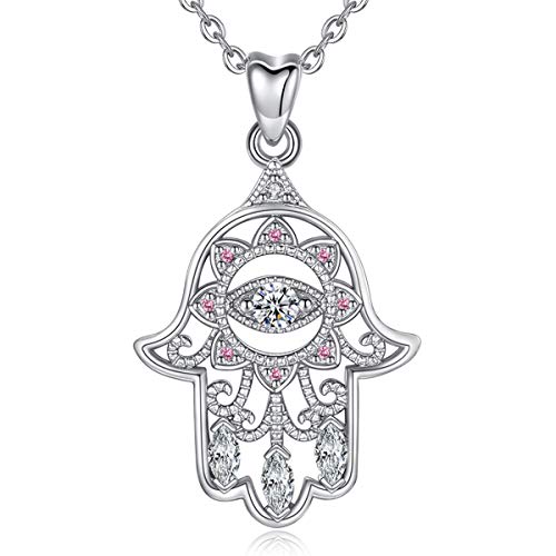 EUDORA Collares Mujer Plata de Ley 925 Aojo Mano de Hamsa Fátima Mal de Ojo Buena Suerte Claro CZ Vendimia Colgante Joyería Bisuteria para Mujer, Cadena de 18"