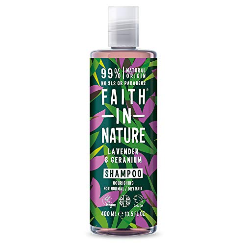 Faith in Nature Champú Natural de Lavanda y Geranio, Nutritivo, Vegano y No Testado en Animales, sin Parabenos ni SLS, para Cabello de Normal a Seco, 400 ml