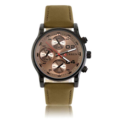 Fake Three Eyes Lujo Famoso Deportes al Aire Libre Casual Impermeable Banda de Cuero Moda Hombres Reloj de Cuarzo Reloj de Pulsera, Estuche Negro Banda de café Oscuro