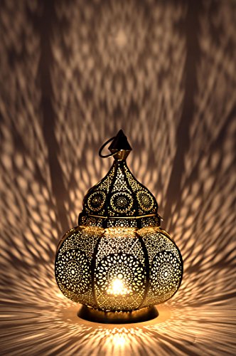 Farol oriental de metal Lamis dorado 30 cm | Portavelas marroquí de jardín | Farol de metal marroquí para exterior como farol de jardín o interior como lámpara de mesa