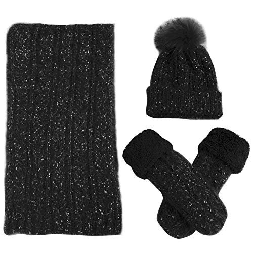 FEOYA - Bufanda Gorro Elegante y Guantes para Mujer para Invierno de Mohair Bufandas Negra Gruesas con Bola de Pelo Regalo para Mujeres