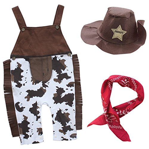 Freebily 3Pcs Disfraz Cowboy Bebé Niños Infántil Monos Bebé Pantalones de Peto Algodón Entrepierna Abierta Botones Disfraces de Vaquero con Sombrero Pañuelo Marrón 18-24 Meses