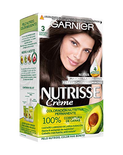 Garnier Nutrisse Creme Coloración Nutritiva Permanente, Tinte 100% Cobertura de Canas con Mascarilla Nutritiva de 4 Aceites - Tono 3 Castaño Oscuro