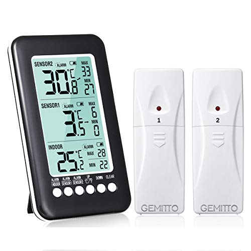 GEMITTO Termómetro de Interior y Exterior con 2 Sensor Inalámbrico Monitor de Digital Temperatura Ambiental con Función de Alarma y LCD Pantalla Medidor