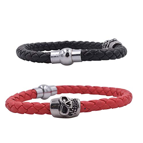 Genrics 2PCS Pulsera de Calavera Hombres PU Pulsera de Piel Trenzada Negra Cierre Jinete Fantasma Pulsera Acero Titanio Magnético Cráneo Brazalete Punk Rock Regalo Hombre Maravilla Joyería-Negro/Rojo