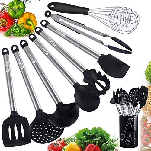 GOAMZ Kit Utensilios de Cocina Silicona Set Herramientas Antiadherentes de Cocción 9 Piezas Resistentes al Calor Acero Inoxidable con Cuchara Silicona,Batidor Manual