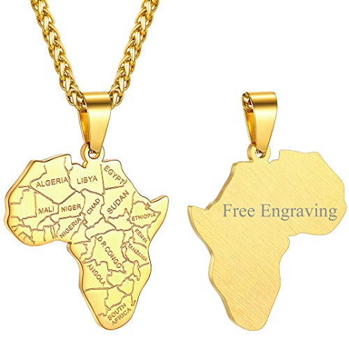 GoldChic Jewelry Colgante Africa Oro galvanizado Regalo Exotico para Novios Cadena Ajustables 60 cm de Acero Inoxidable Servicio Grabar Gratis Caja de Regalo