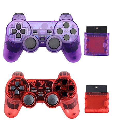 Gollec - Mando inalámbrico con doble vibración compatible con PlayStation y PlayStation 2 ClearPurple y ClearRed