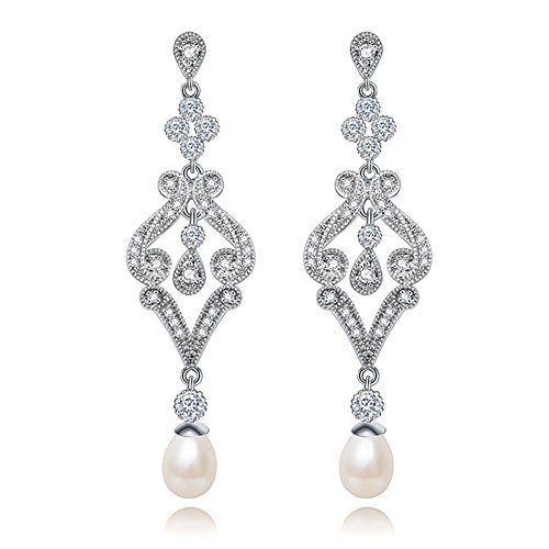 Hanie – Pendientes de perlas, largos, de plata, de flores, con circonitas, blancos, con cristales Swarovski Elements, para vestidos de noche, bodas.
