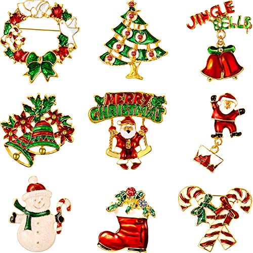 Hicarer Conjunto de 9 Piezas Pin Broches de Navidad con Diamante de Imitación Decoración de Navidad de Cristal (Conjunto Feliz Navidad)