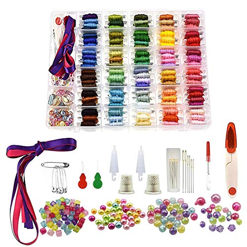 Hilos de punto de cruz de hilo bordado de 374 piezas, cadena de pulsera de amistad de 100 colores con caja de almacenamiento de organizador, bobinas de hilo, cuentas y cintas