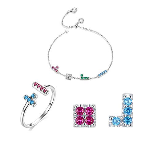 HMMJ Juego de Joyas para Mujeres, S925 Silver Zircon Tetris Pulsera Pendientes Pendientes Apertura Anillo Ajustable 3 Pieza (Color : Set)