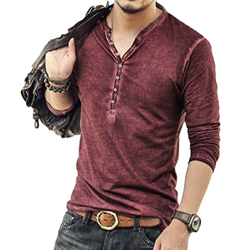 Hombre Cuello En V Camisetas Manga Larga Botón En Slim para Camisa Ocio Color Sólido La Moda Blusa Superior Retro Henley Camisas 3 Colores M-3XL