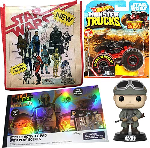 Hot Wheels Monster Vader Star Wars Vader Truck Bundled with Retro Iconic Toy Ad Characters Tote Bag + Mandalorian Sticker Activity Pad Use The Force + Solo Figure Tobias Pop Beckett 4 Items