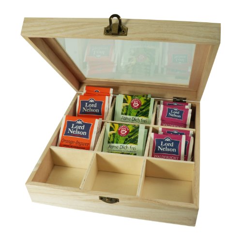 Incutex caja almacenaje té, caja té compartimentos, caja té bolsitas, caja té madera con 9 compartimentos y ventana transparente