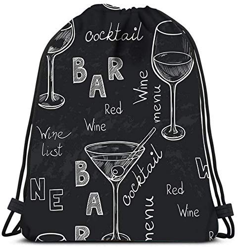 IUBBKI Mochila con cordones, vasos esbozados para vino tinto, martini blanco y cóctel en pizarra, bolsos de viaje para gimnasio, mochila, bolsos de hombro