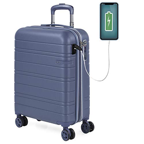 JASLEN - Maleta Pequeña con Ruedas Rígida Extensible. Conexión USB 4 Ruedas Trolley. ABS Liso. Equipaje de Mano. Dura Cómoda y Ligera. TSA. 171250, Color Azul