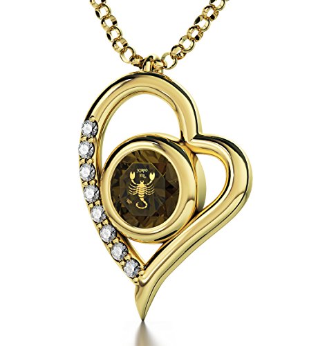 Joya con piedra natal de noviembre topacio ahumado - Dije de Escorpio con baño de oro - Collar de corazón con circonita CZ inscrita en oro 24ct - Regalo genial del zodiaco para cumpleaños