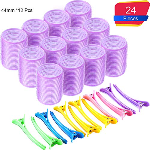 Juego de Rulo de Pelo Auto Agarre de 44 mm 12 Rulos Grandes de Auto Sostenerse y 12 Pinzas de Pelo de Dientes de Pato de Plástico de Multicolor para Mujeres Hombres y Niños (44 mm, 24 Piezas)