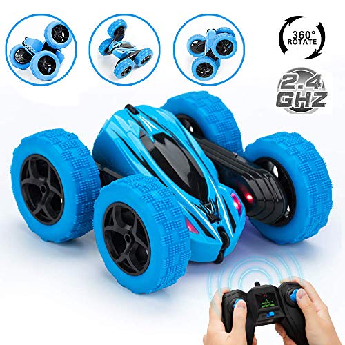 JYToyz Control Remoto RC Stunt Racing 4WD Doble Cara Gira 360° y Vueltas con Luces LED de conducción de Coches Juguetes para niños pequeños (Azul)