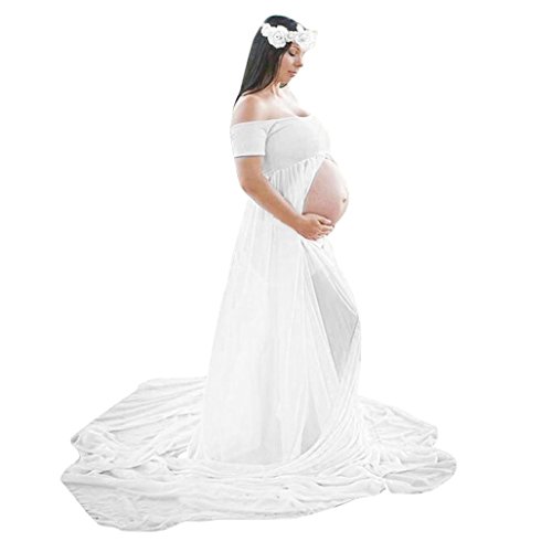 K-youth® Vestidos Mujer Fiesta Largos Boda Mujer Embarazada Encaje Sin Tirantes Vestido de Maternidad Foto Shoot Dress Faldas Fotográficas de Maternidad Apoyos De Fotografía (Blanco, XL)