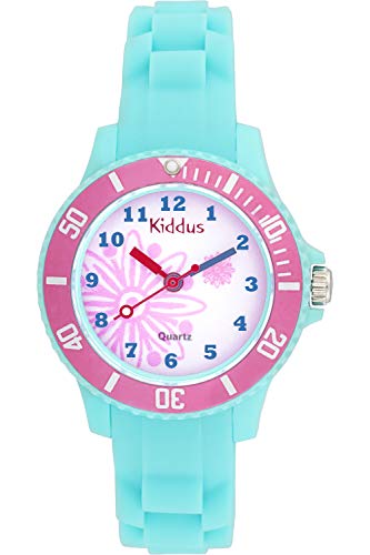 KIDDUS Sporty Reloj Sumergible para niña, niño. Analógico, de Pulsera en Silicona Suave. con Ejercicios Time Teacher para Aprender Las Horas. Mecanismo de Cuarzo japonés. KI10112 Turquesa