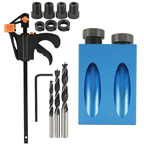 Kit de taladro Guía De Carpintería,15 Piezas Plantilla de orificio Bolsillo,Carpintería de 15 ° Posicionador,Localizador de Orificio Oblicuo con Manga de Taladro,para Carpintería,Bricolaje(Azul)