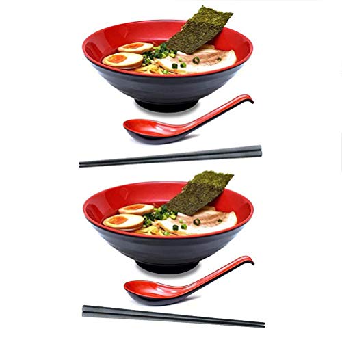 KLDX 2 Juegos (6 Piezas) Juegos de Cuchara y tazón Rojo Negro - Vajilla de melamina, con Cuchara a Juego para Fideos asiáticos Udon Soba Pho para Fideos asiáticos Udon Soba Pho