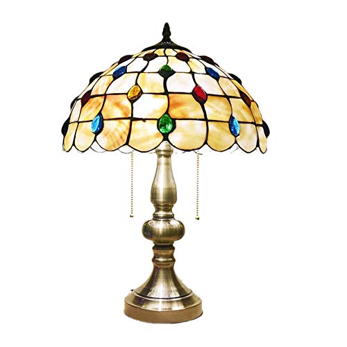 Lámparas de mesa de cristal barroco Lámparas de escritorio mediterráneo de estilo de Tiffany Lámparas de lectura de cáscara natural hecha a mano para la sala de estar de la cama de dormitorio,14inch