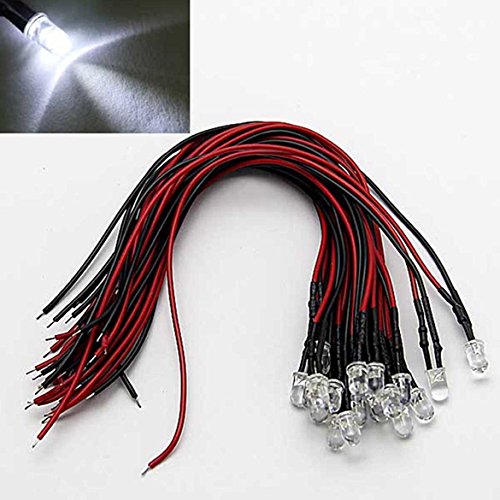 LAOMAO 1 paquete (20 bombillas) 5mm 12V DC blanco LED precableado redonda bulbo lámpara para DIY coche barco juguetes partes