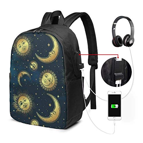 Lawenp Mochila para portátil, Mochila para Colegio Universitario de 17 Pulgadas con Puerto de Carga USB, Mochila Informal para Viajes (Boho Celestial Bodies Gold Sun Moon and Stars)