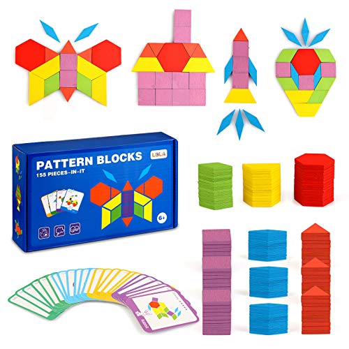 LBLA 155 Piezas Bloques de Patrones de Madera Tangram Juguetes Formas Geométricas Montessori Tangram Juguetes Educativos Juegos y Juguetes para niños con 24 Piezas Tarjetas de diseño