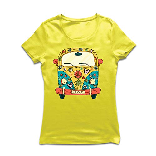 lepni.me Camiseta Mujer Años 60 70 Hippie Van, Flores, Amor, símbolo de Paz Libertad (X-Large Amarillo Multicolor)