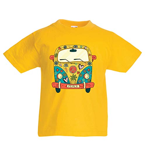 lepni.me Camiseta para Niño/Niña Años 60 70 Hippie Van, Flores, Amor, símbolo de Paz Libertad (5-6 Years Amarillo Multicolor)