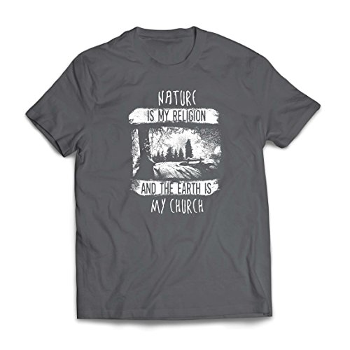 lepni.me Camisetas Hombre La Naturaleza es mi religión y la Tierra es mi Iglesia: al Aire Libre, Camping, Amante de la Aventura (Large Grafito Multicolor)