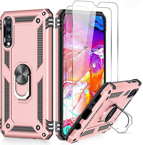 LeYi Funda Samsung Galaxy A50 / A30S / A50S con [2-Unidades] Cristal Vidrio Templado,Armor Carcasa con 360 Grados Anillo iman Soporte Hard PC y Silicona TPU Bumper Antigolpes Case para Movil A50,Rosa