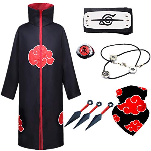 LOBTY Naruto Akatsuki/Uchiha Itachi Traje de Cosplay Víspera de Todos los Santos Navidad Partido Disfraz Naruto Capa Costume Pain Headband Anillo Máscara Shuriken Masculino Hembra Niño Armas Set