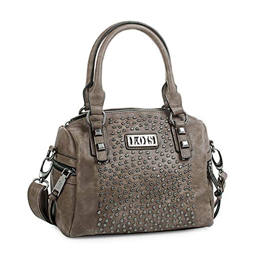 Lois - Bolso de Mujer Pequeño Bowling con Bandolera y Doble Asa. Cuero PU y Remaches. Ideal para Uso Diario Paseo o Compras. Diseño Bonito y Elegante 94631, Color Marron