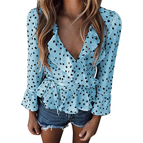 Luckycat Manga Larga De Las Mujeres De Manga Larga con Cuello Redondo Y Mangas De Trompeta Color Liso Blusa Decorativa De Estrella Camiseta Blusa para Fiesta Mujer OtoñO Primavera Nueva