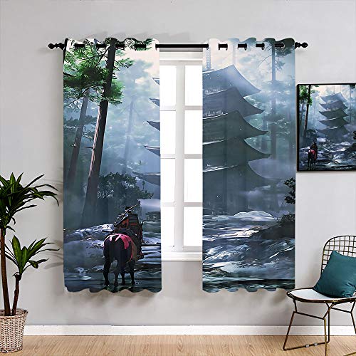 Matt Flowe Ghost of Tsushima - Juego de cortinas para oscurecer la habitación, cortinas anchas para dormitorio, sala de estar, cocina, 72 x 63 cm