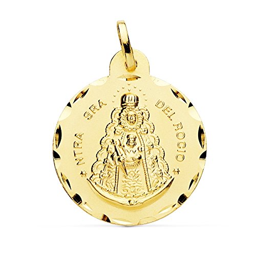 Medalla oro 18k Virgen Rocío 24mm. redonda cerco tallado unisex - Personalizable - GRABACIÓN INCLUIDA EN EL PRECIO