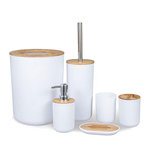 MisFox Juego de 6 Piezas Accesorios de Baño de Bambú con Dispensador de Jabón, Cubo de Basura, Vaso para cepillo de dientes, Soporte para cepillo de dientes, Jabonera y Escobilla para inodoro - Blanco