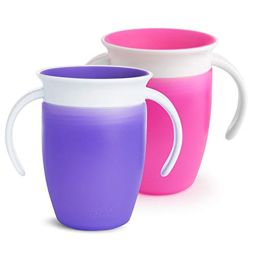 Munchkin Miracle 360°- Vaso Antiderrames Entrenamiento con Asas, morado/rosa, 207ml, 2 uds