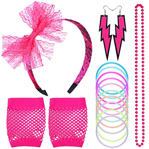 NATUCE 80s Disfraz de Disfraces para Mujeres niñas Adultos con Collares de neón, Pendinetes ,Diadema con de Encaje,Guantes de Red, Silicona Pulseras ,Fiesta Accesorios para Años 1980 (Rosa roja)