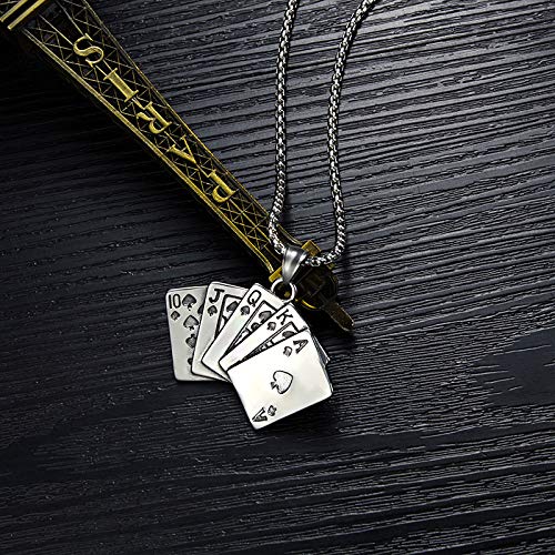 NDASNDIASND Fashion Hip Hop Rock Playing Card Necklace Men's Personality Punk Tonghuashun Stainless Steel Pendant Perform Magic Jewelry Gift